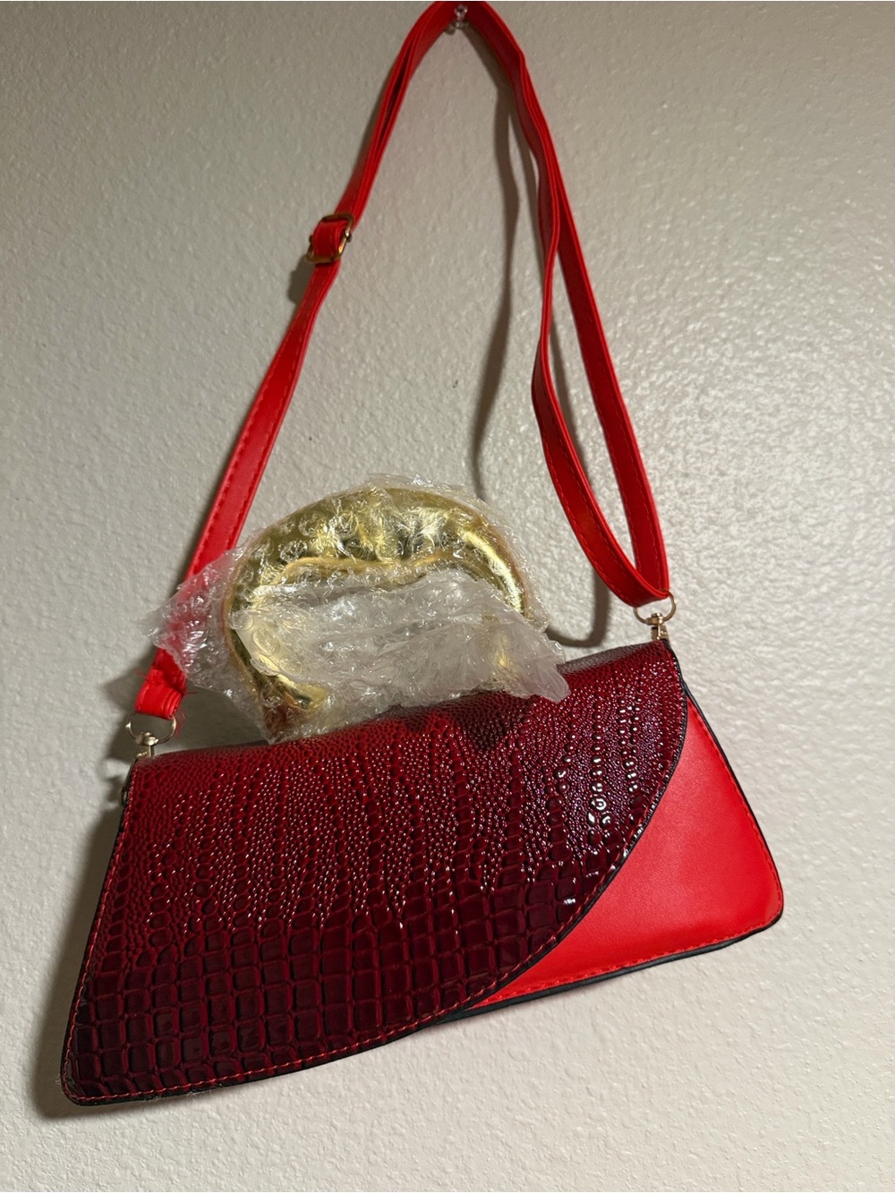 Red Two-Tone Croc-Embossed Shoulder Bag
